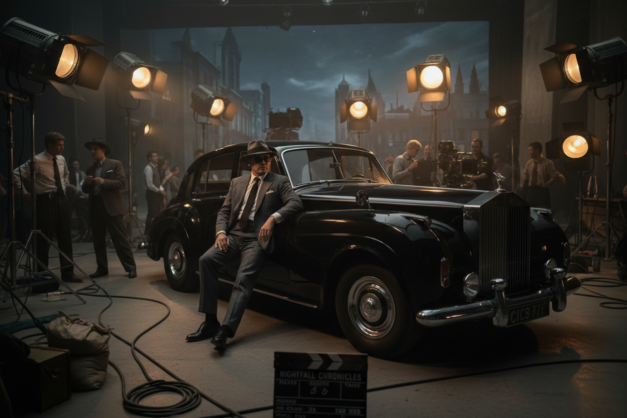 movie set in a film set in the 1950s, black classic rolls royce with a male actor inside with sunglasses, suit and hat 